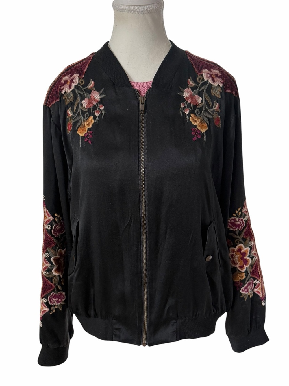 Johnny Was Black Nepal Silk Blend Bomber Jacket with Floral Embroidery L - Picture 2 of 14